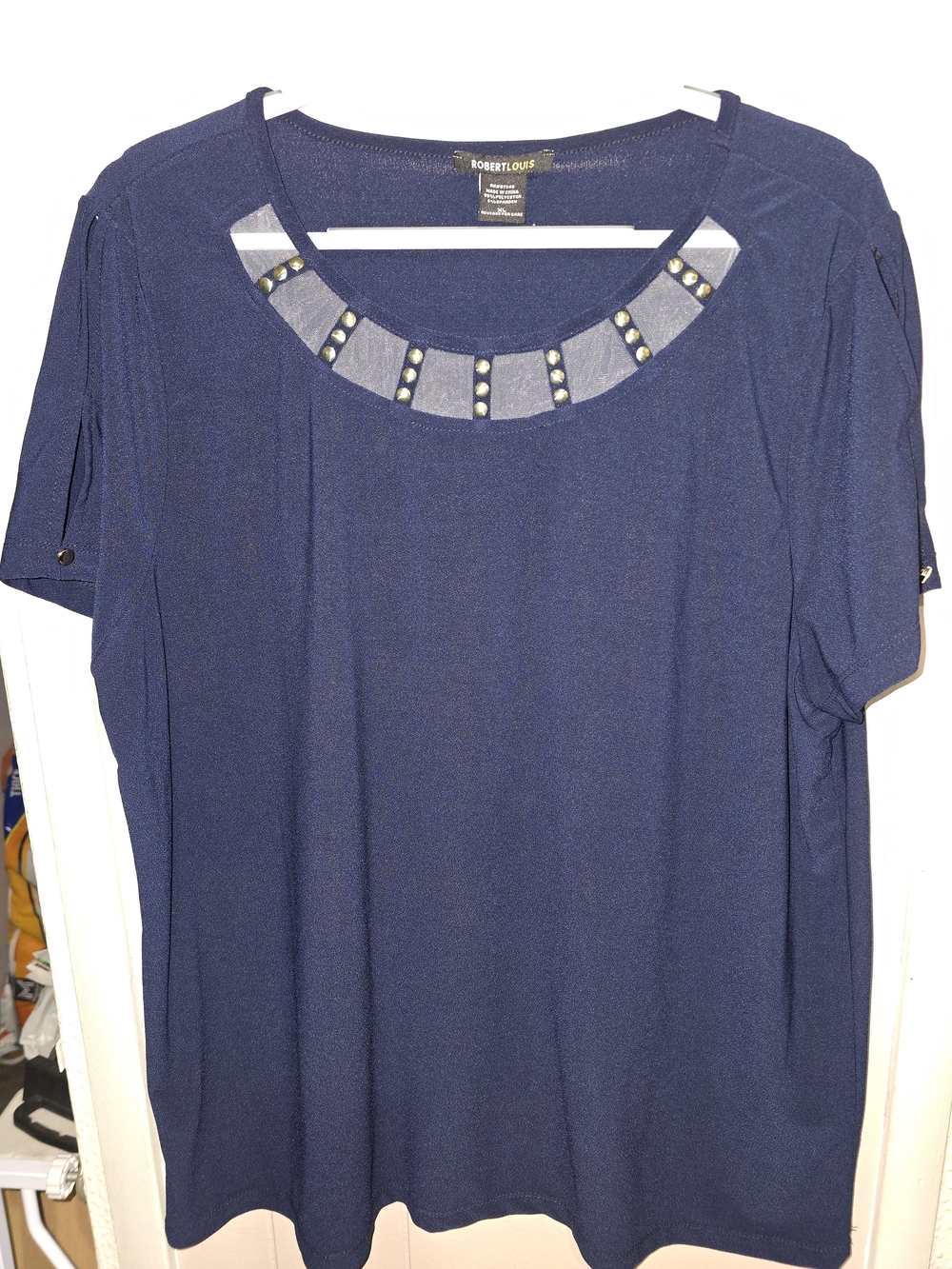 Robert Louis Navy Short Sleeve Studded Scoop Neck Blouse